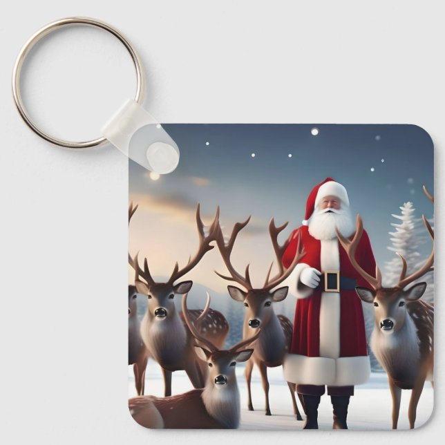 Santa’s Crew: Father Christmas Poses Reindeers Key Ring (Front)