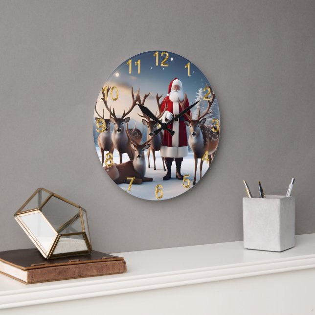 Santa’s Crew: Father Christmas Poses Reindeers Large Clock (Office)