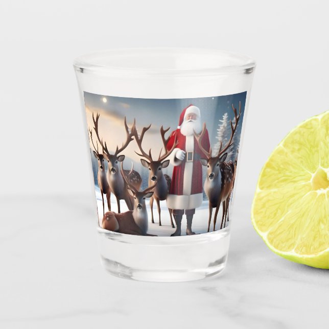 Santa’s Crew: Father Christmas Poses Reindeers Shot Glass (Front)