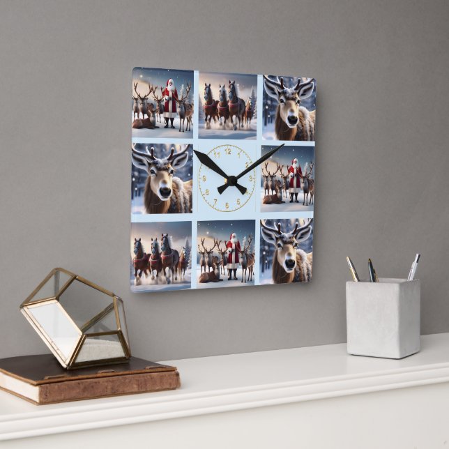 Santa’s Crew: Father Christmas Poses Reindeers Square Wall Clock (Office)