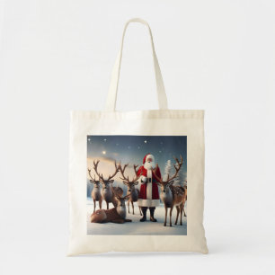 Santa’s Crew: Father Christmas Poses Reindeers Tote Bag