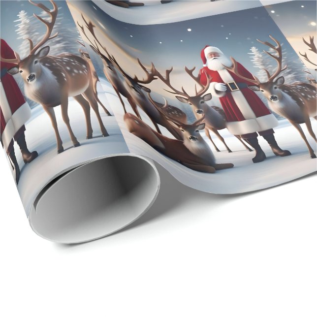 Santa’s Crew: Father Christmas Poses Reindeers Wrapping Paper (Roll Corner)