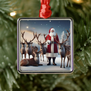 Santa’s Crew:Father Christmas Poses With Reindeers Metal Ornament