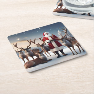 Santa’s Crew:Father Christmas Poses With Reindeers Square Paper Coaster