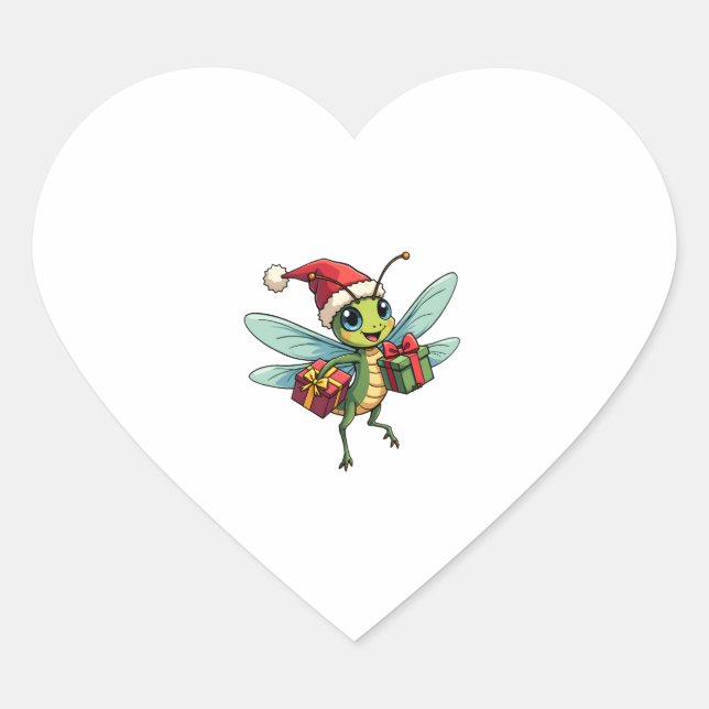 Santa�s Dragonfly Helper Heart Sticker (Front)
