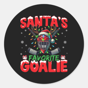 Santa’s Favorite Goalie Christmas Hockey Santa Hat Classic Round Sticker