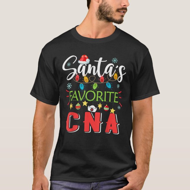 Santa s Favourite CNA Nurse Xmas Light Santa Hat C T-Shirt (Front)