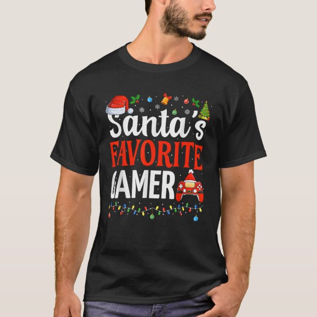 Santa s Favourite Gamer Christmas Funny Gaming Xma T-Shirt (Front)
