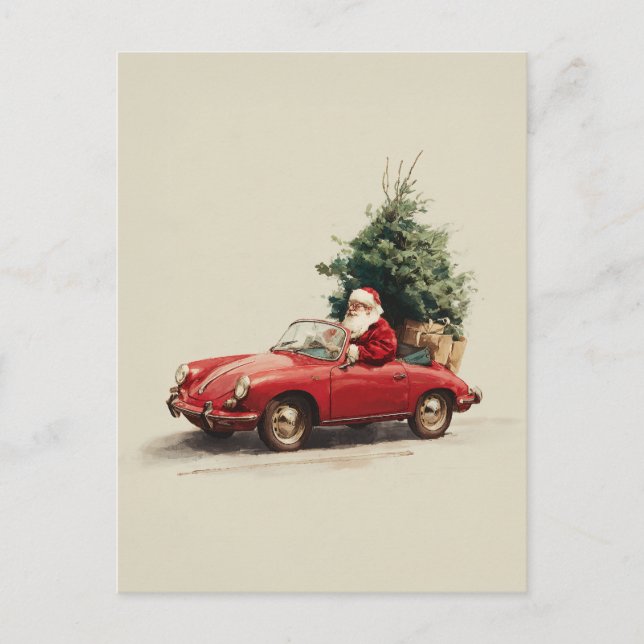 Santa’s Joyride in Red Convertible Holiday Postcard (Front)