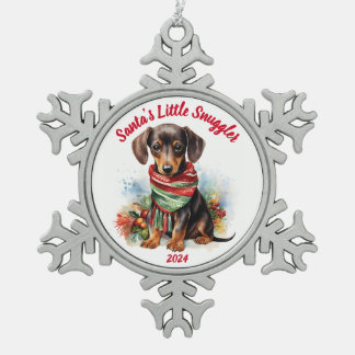 Santa’s Little Snuggler Dachshund: Watercolor Snowflake Pewter Christmas Ornament