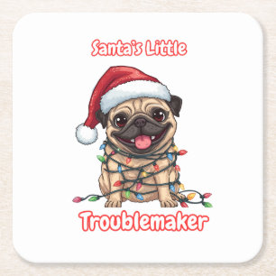 Santa’s Little Troublemaker – Funny Christmas Pug  Square Paper Coaster