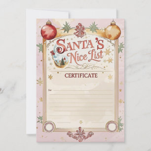 Santa’s Nice List Certificate   Pastel Pink & Gold Invitation