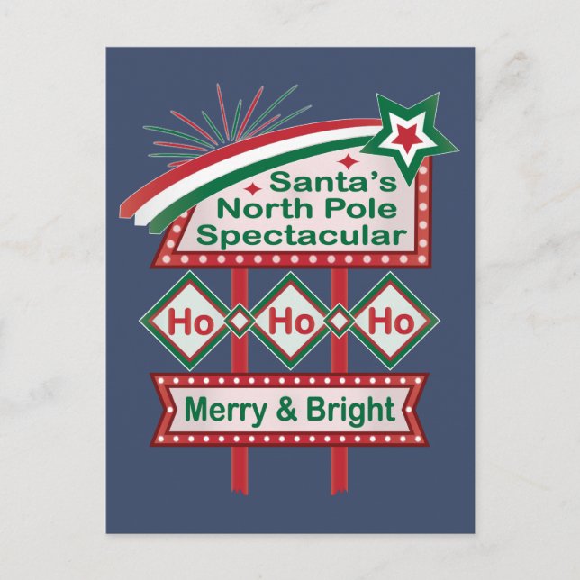 Santa’s Retro Marquee – Ho Ho Ho Merry & Bright Postcard (Front)