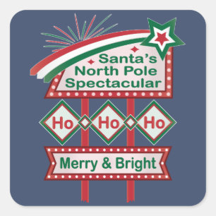 Santa’s Retro Marquee – Ho Ho Ho Merry & Bright Square Sticker