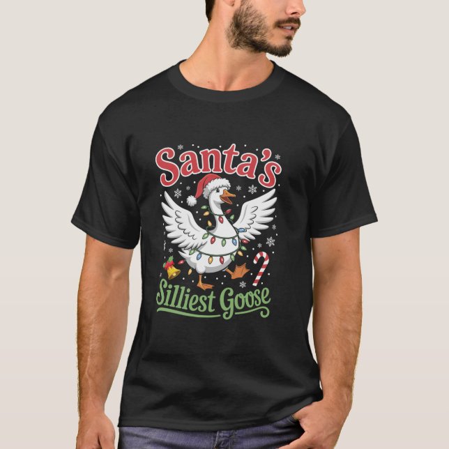 Santa s Silliest Goose Lights Stars Funny Christma T-Shirt (Front)