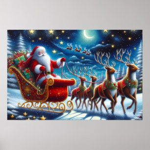 Santa’s Sleigh and Reindeer on Christmas Night Poster