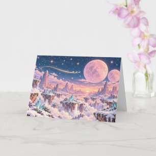 Santa’s Sleigh Over Floating Islands Pink Moons Card