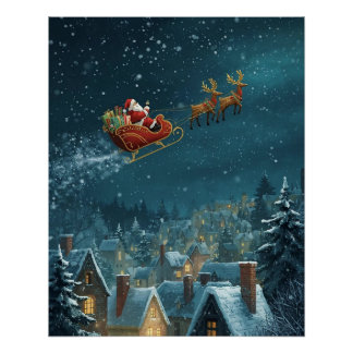 Santa’s Sleigh over the town Poster