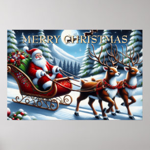 Santa’s Sleigh Through Snowy Forest at Christmas Poster