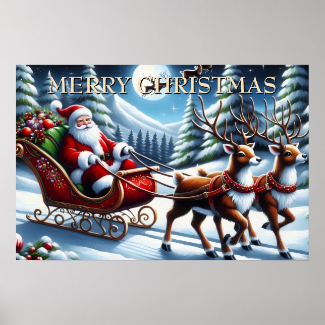 Santa’s Sleigh Through Snowy Forest at Christmas Poster (Front)