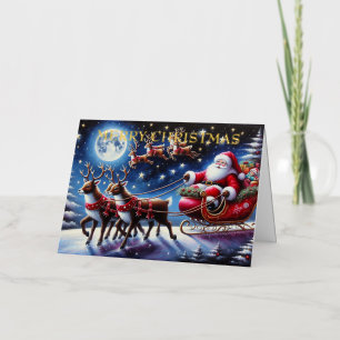 Santa’s Sleigh with Reindeer on Christmas Night Foil Holiday Card