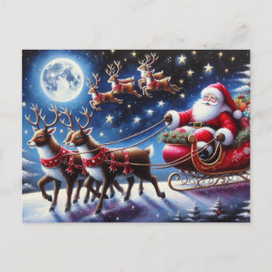Santa’s Sleigh with Reindeer on Christmas Night Holiday Postcard