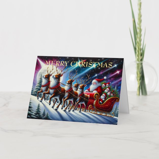 Santa’s Sleigh with Six Reindeer Under Aurora Sky Foil Holiday Card (Front)
