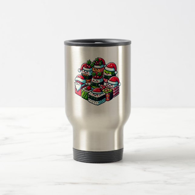Santa’s Sushi Delight Funny Festive Christmas Art Travel Mug (Center)