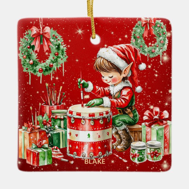Santa’s Workshop Elf Personalised Kids Christmas Ceramic Ornament (Front)