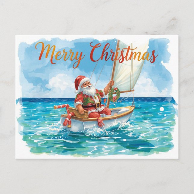 Santa Sailing – Tropical Watercolor Christmas Holiday Postcard (Front)