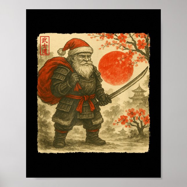 Santa Samurai Japanese Warrior Costume Sumi-e Art  Poster (Front)