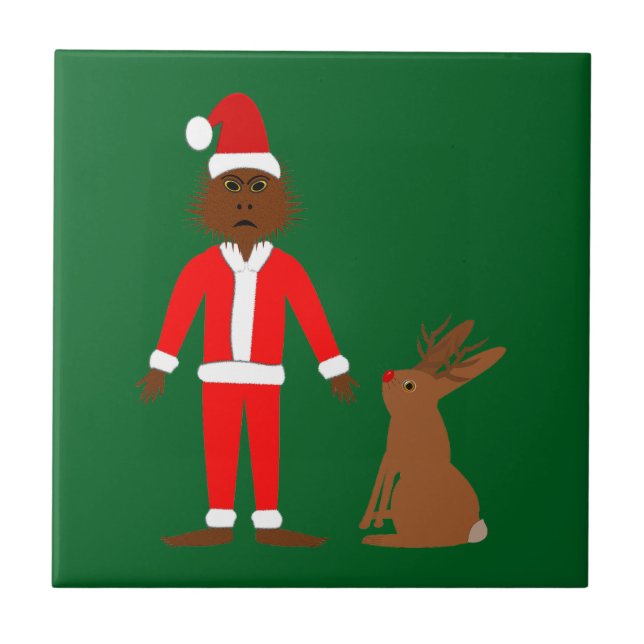 Santa Sasquatch and Jackalope Christmas Ceramic Tile (Front)