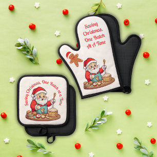 Santa Saving Christmas   Oven Mitt & Pot Holder Set