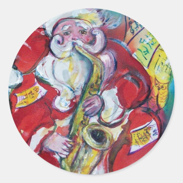 SANTA & SAX, CHRISTMAS PARTY CLASSIC ROUND STICKER (Front)