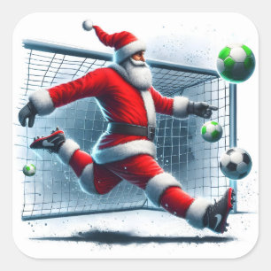 Santa Scores a Goal While Playing Soccer in Winter Square Sticker