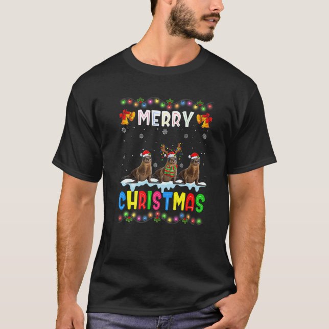 Santa Sea lion Animals Merry Christmas Pajama T-Shirt (Front)