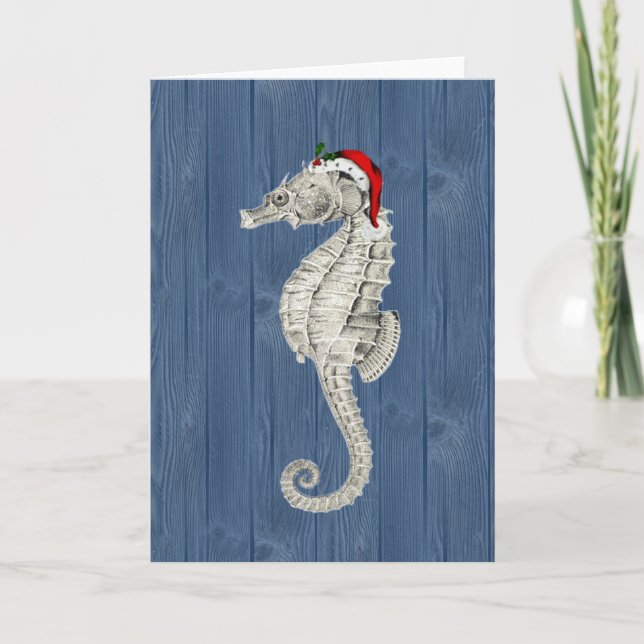 Santa Seahorse Blue Wood Christmas Card (Front)