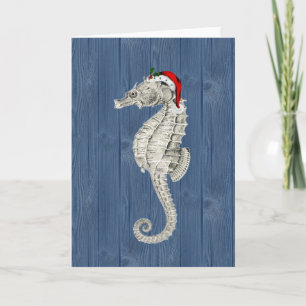Santa Seahorse Blue Wood Christmas Card