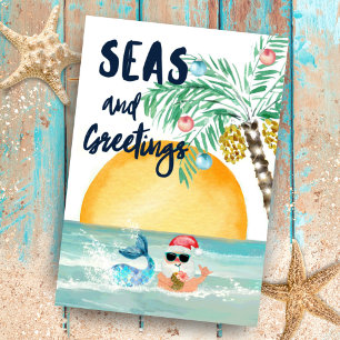 Santa Seas & Greetings Beach Game & Jokes  Tri-Fold Holiday Card