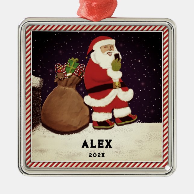 Santa Selfie Metal Tree Decoration (Front)
