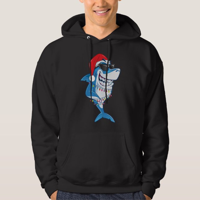 Santa Shark Christmas Lights Funny Sharkmas Ugly X Hoodie (Front)