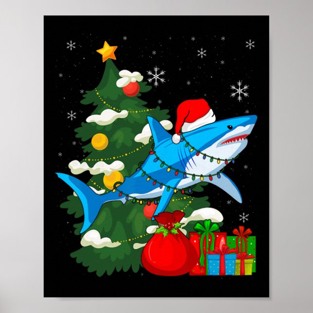 Santa Shark Christmas Lights Sharkmas Tree Xmas Bo Poster (Front)