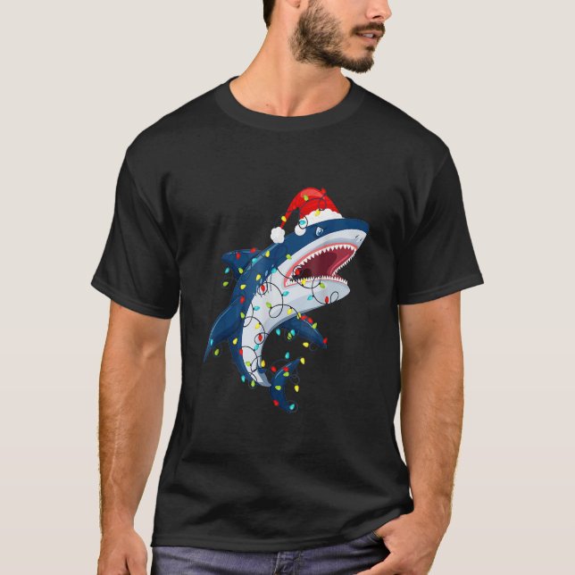 Santa Shark Christmas Lights Sharkmas Tree Xmas Bo T-Shirt (Front)