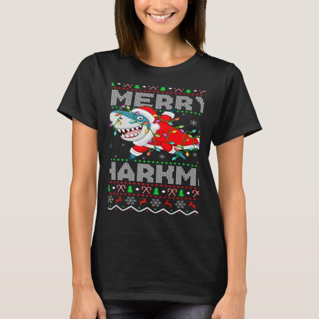 Santa Shark Christmas Lights Ugly Merry Sharkmas T-Shirt (Front)