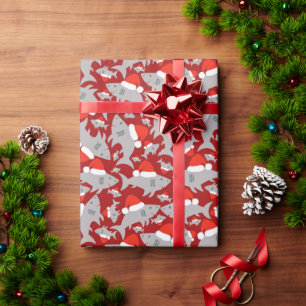 Santa Shark Christmas Red Background Wrapping Paper