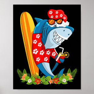 Santa Shark Hawaiian Summer Surfing Shark Christma Poster