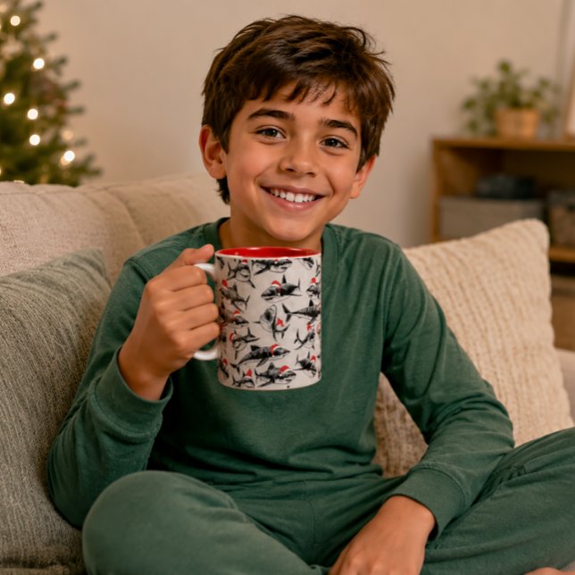 Santa Shark Pattern Two-Tone Coffee Mug (Christmas Shark Mug)