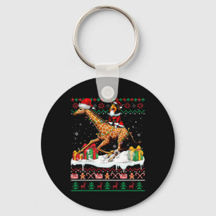 Santa Sheltie Riding Giraffe Christmas Sweater Lov Key Ring