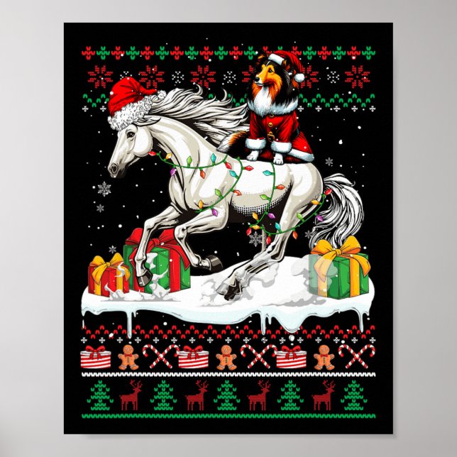 Santa Sheltie Riding Horse Christmas Sweater Lover Poster (Front)