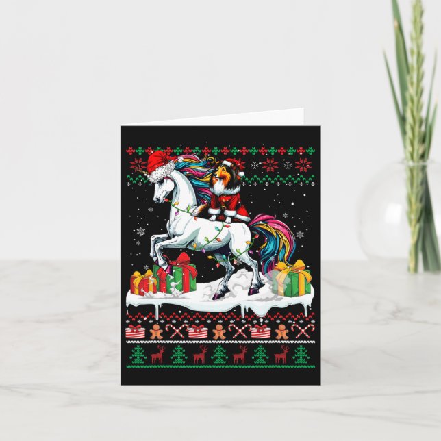 Santa Sheltie Riding Unicorn Christmas Sweater Lov Card (Front)